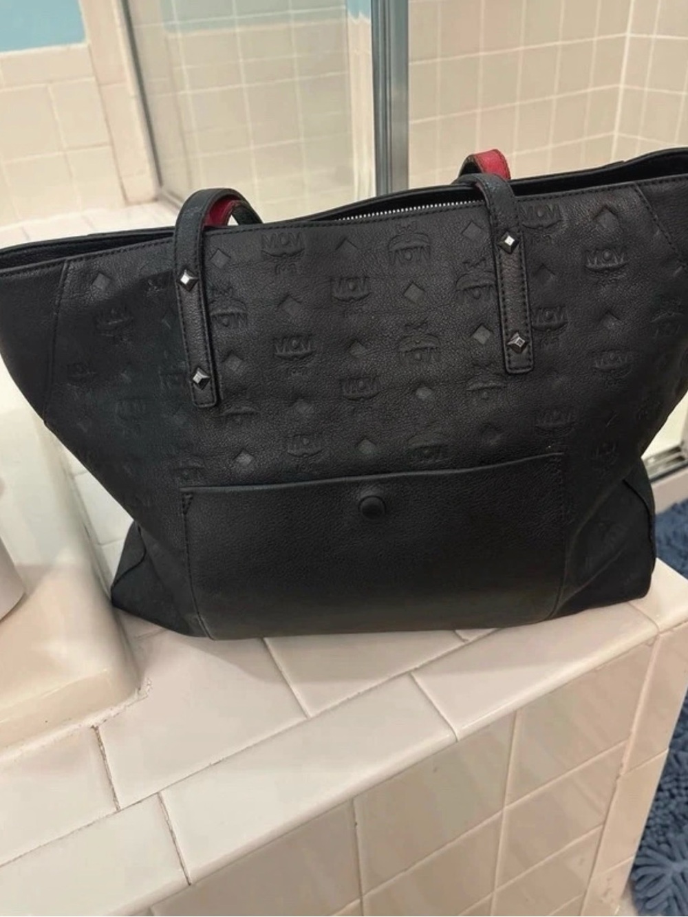 MCM Black Embossed Leather Tote with Red Trim
